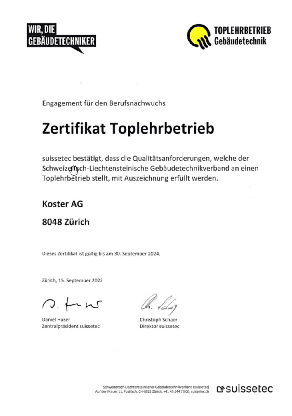 Zertifikat Toplehrbetrieb Gebäudetechnik der suissetec für die Koster AG